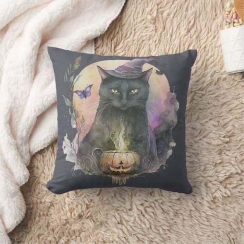 Black Cat in Witches Hat Gray Celestial Halloween Throw Pillow