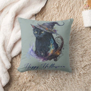 Black Cat in Witches Hat Green Happy Halloween Throw Pillow