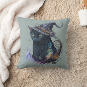 Black Cat in Witches Hat Smoke Green Halloween Throw Pillow