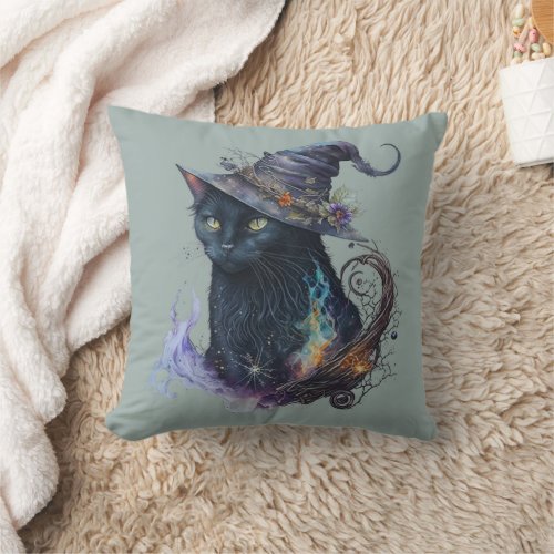 Black Cat in Witches Hat Smoke Green Halloween Throw Pillow