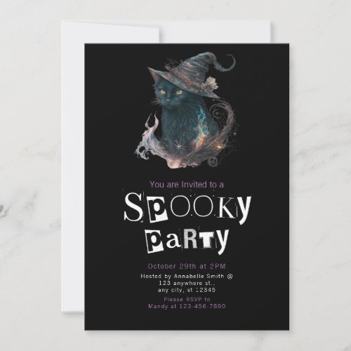 Black Cat in Witches Hat Spooky Halloween Party Invitation