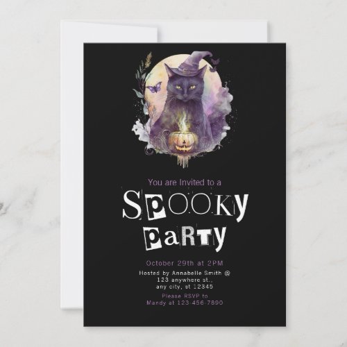 Black Cat in Witches Hat Spooky Halloween Party Invitation