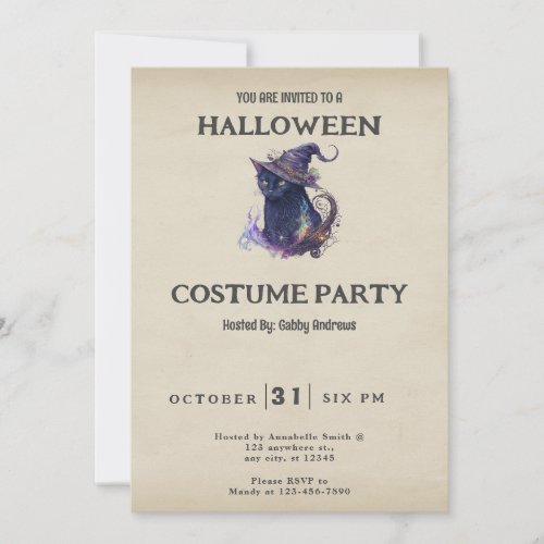 Black Cat in Witches Hat Vintage Halloween Invitation