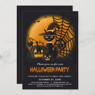 Black Cat in Witche's Hat Web Pumpkins Halloween Invitation