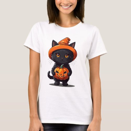 Black Cat in Witches Hat with Pumpkin Halloween T_Shirt