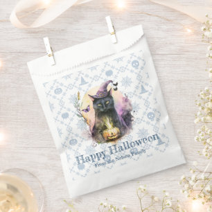 Black Cat in Witch's Hat Blue Happy Halloween Favor Bag