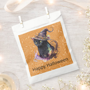 Black Cat in Witch's Hat Orange Happy Halloween Favor Bag