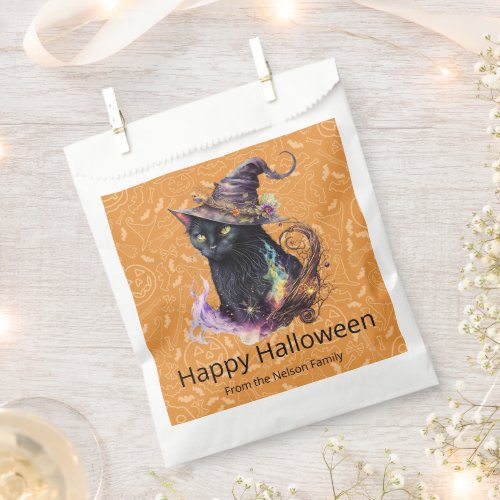 Black Cat in Witchs Hat Orange Happy Halloween Favor Bag