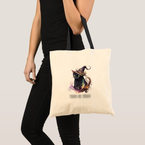Black Cat in Witchs Hat Trick or Treat Tote Bag