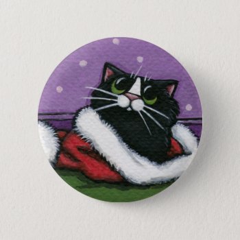 Black Cat In Xmas Hat - Cat Art Button by LisaMarieArt at Zazzle