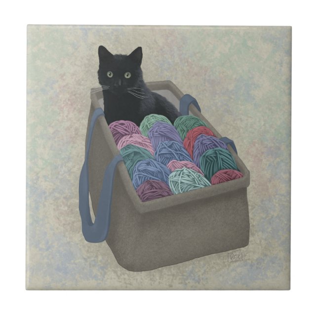 Black cat in yarn bag  ceramic tile (Front)