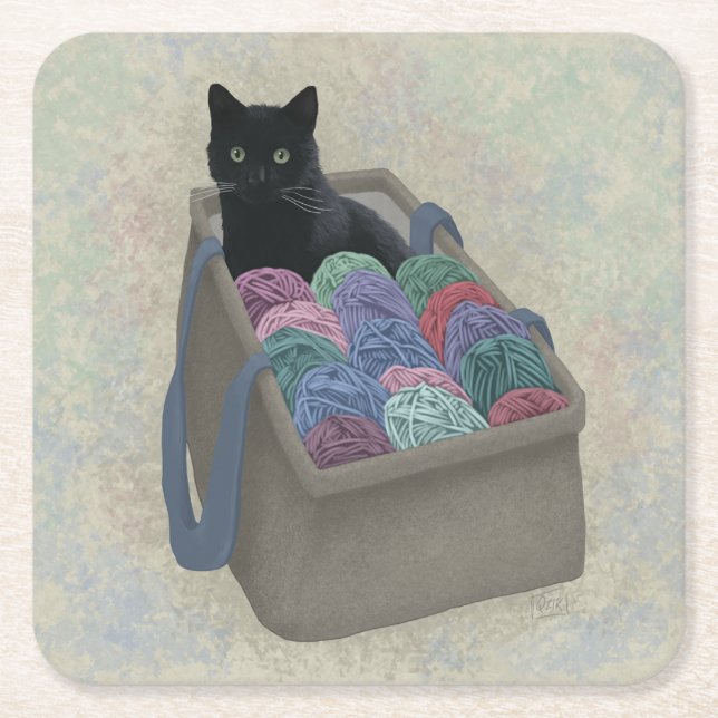 Black cat in yarn bag  square paper coaster (Front)