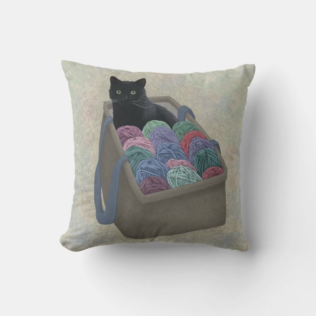 Black cat in yarn bag  throw pillow (Front)