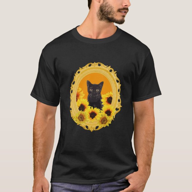 Black Cat in yellow Sunflower Frame T-Shirt (Front)