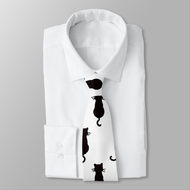 Black Cat Isolated on White Polka Dot Pattern Neck Tie (Tied)