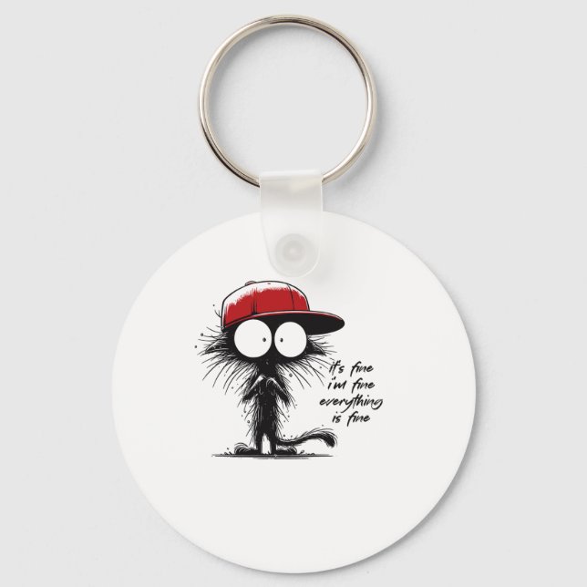 Black Cat It's Fine I'm Fine Everything Is Fine Fu Keychain (Front)