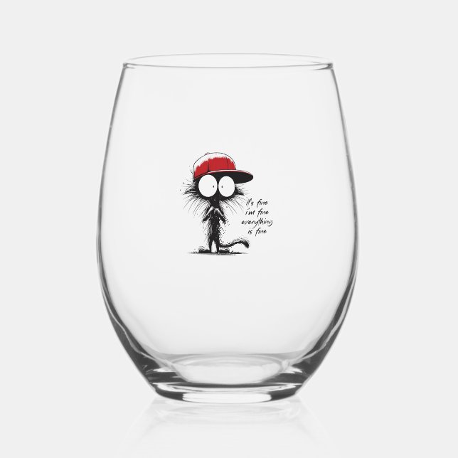 Black Cat It's Fine I'm Fine Everything Is Fine Fu Stemless Wine Glass (Front)