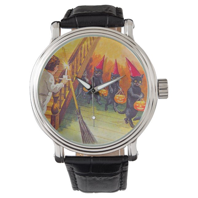 Black Cat Jack O Lanter Pumpkin Broom Watch (Front)
