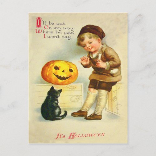 Black Cat Jack O Lanter Pumpkin Girl Postcard