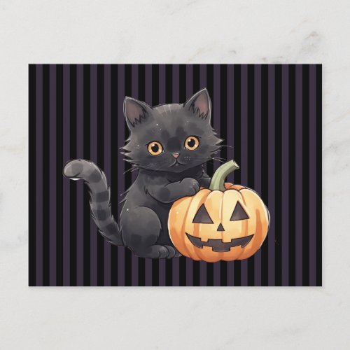 Black Cat Jack_O Lantern Black Striped Halloween Holiday Postcard