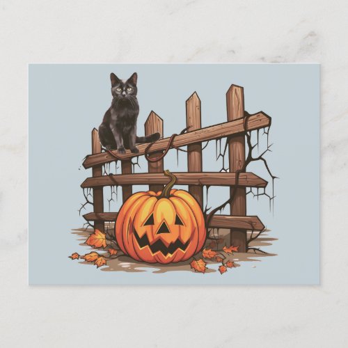 Black Cat Jack_O Lantern Gray Blue Halloween Holiday Postcard