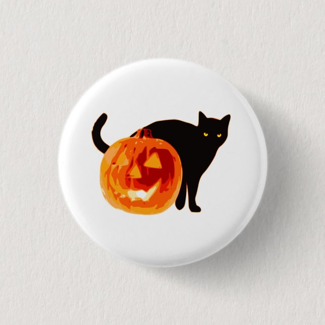 Black Cat & Jack O' Lantern Halloween Button (Front)