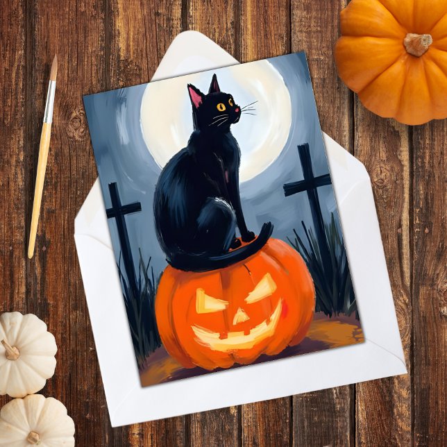 Black Cat Jack-O-Lantern Halloween Painted Holiday Card (Creator Uploaded)