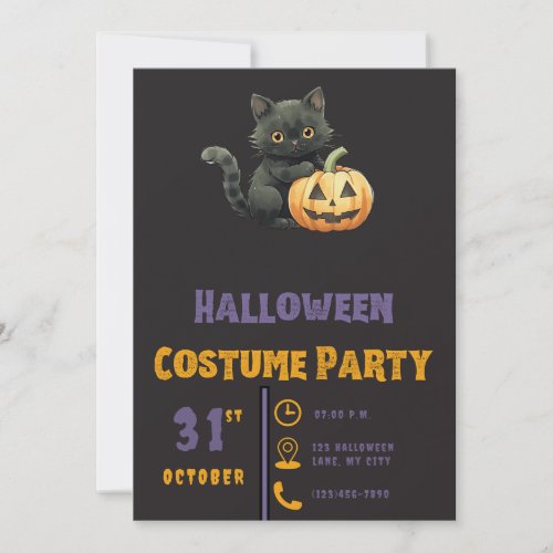 Black Cat Jack_O Lantern Modern Black Halloween Invitation