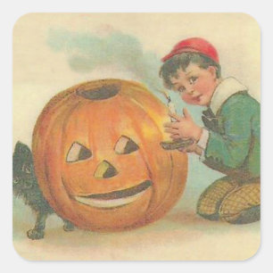 Black Cat Jack O Lantern Pumpkin Boy Square Sticker