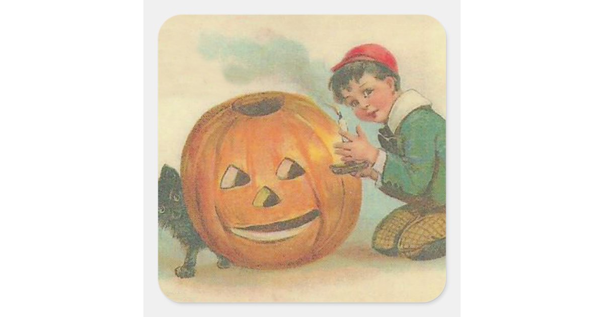 Black Cat Jack O Lantern Pumpkin Boy Square Sticker | Zazzle