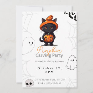 Black Cat Jack-O' Lantern Pumpkin Carving Party Invitation