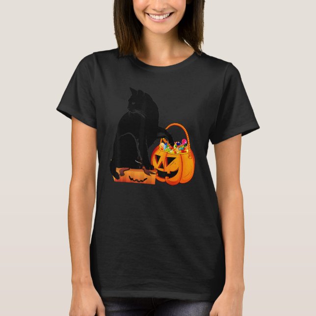 Black Cat Jack O' Lantern Pumpkin Sweet Candy T-Shirt (Front)