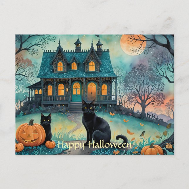 Black Cat, Jack O Lanterns, Spooky House Halloween Holiday Postcard (Front)