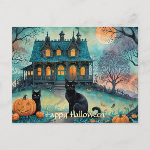 Black Cat, Jack O Lanterns, Spooky House Halloween Postcard