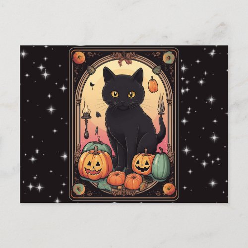 Black Cat Jack_O Lanterns Tarot Halloween Holiday Postcard