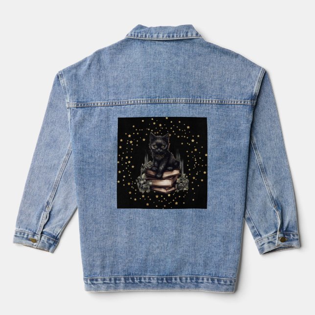 Black Cat Jacket Design with Stars & Flowers (Back)