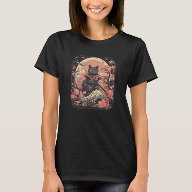 Black Cat Japanese samurai ninja warrior flowers,  T-Shirt (Front)