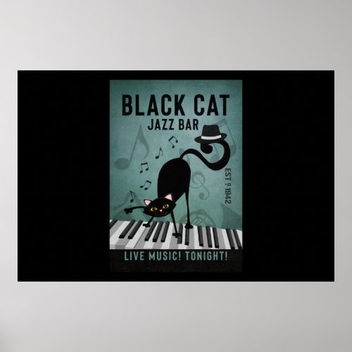 Black Cat Jazz Bar Funny Black Cat Playing Piano Poster