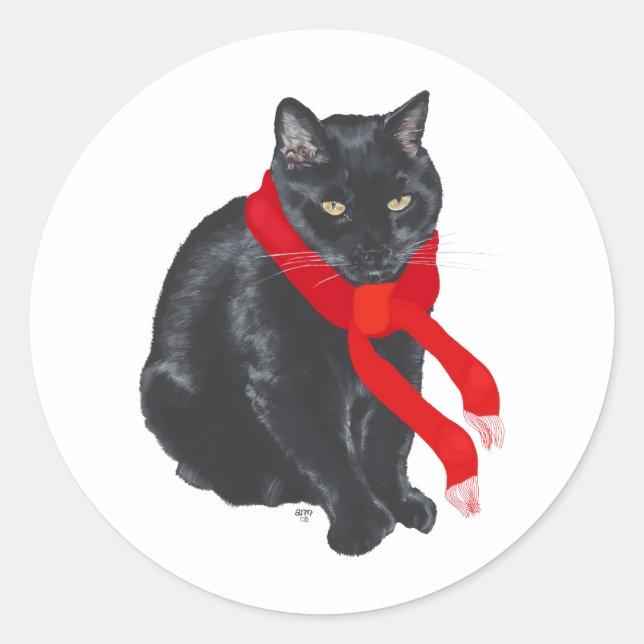 Black Cat Keeping Warm at Christmas Classic Round Sticker (Front)