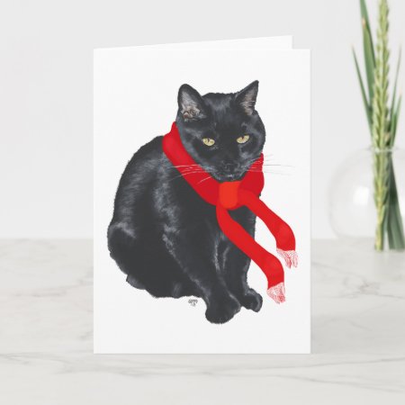 Black Cat Keeping Warm At Christmas Holiday Card