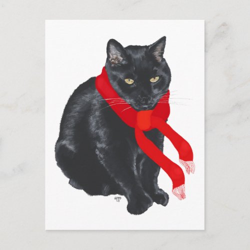 Black Cat Keeping Warm at Christmas Holiday Postcard