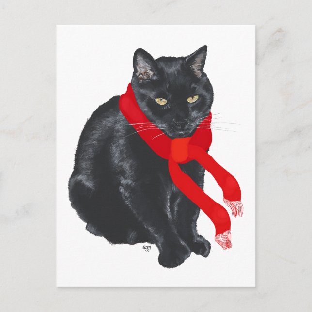 Black Cat Keeping Warm at Christmas Holiday Postcard (Front)