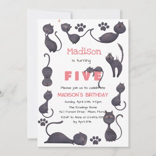 Black cat kids birthday invitation