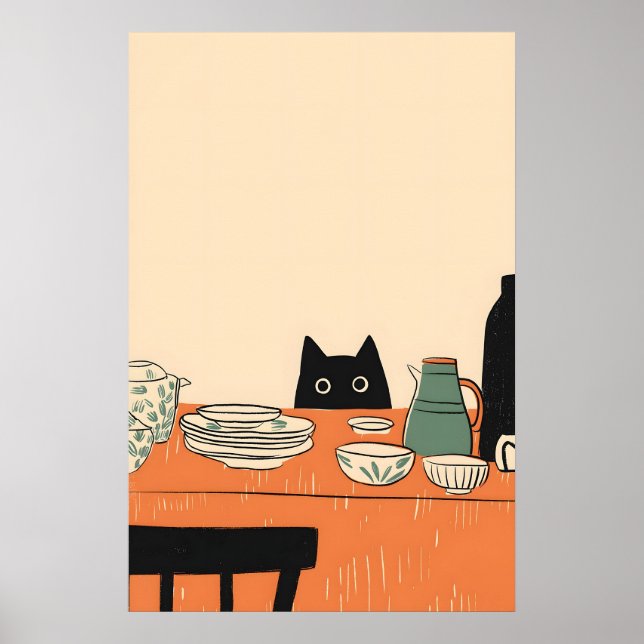 Black Cat Kitchen Print Mid-Century Modern Art (Front)