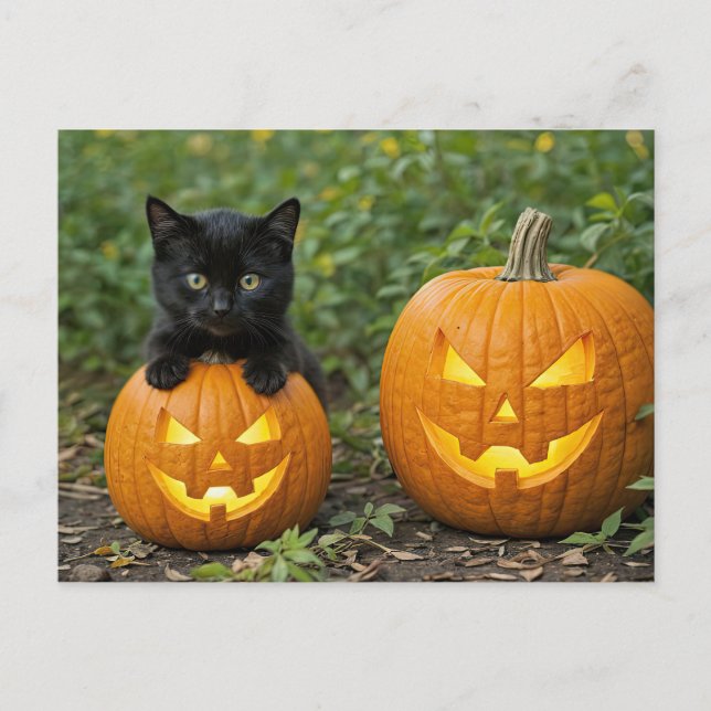 Black Cat Kitten with Jack O Lanterns Halloween Holiday Postcard (Front)