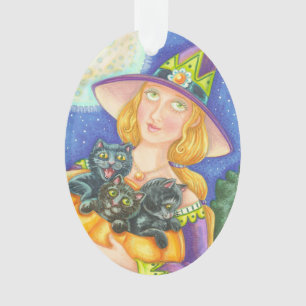 BLACK CAT KITTENS & WITCH HALLOWEEN ORNAMENT Oval