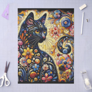 Black Cat Kitty Floral Whimsical Decoupage Tissue Paper