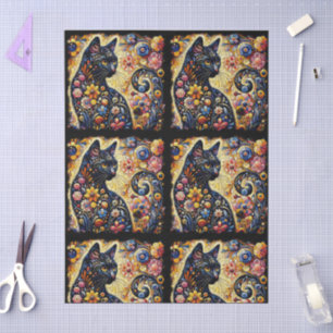 Black Cat Kitty Floral Whimsical Yellow Decoupage Tissue Paper