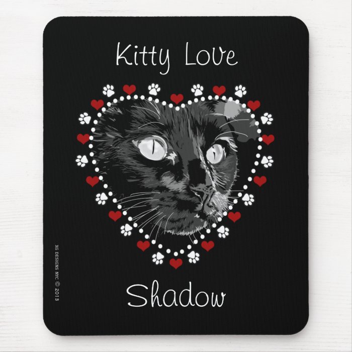 Black Cat Kitty Love Paws Hearts Custom Mousepad
