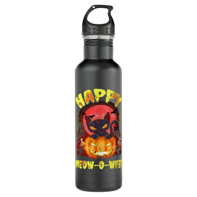 Black Cat Kitty Murderous Black Cat With Knife Hal Stainless Steel Water Bottle (Front)